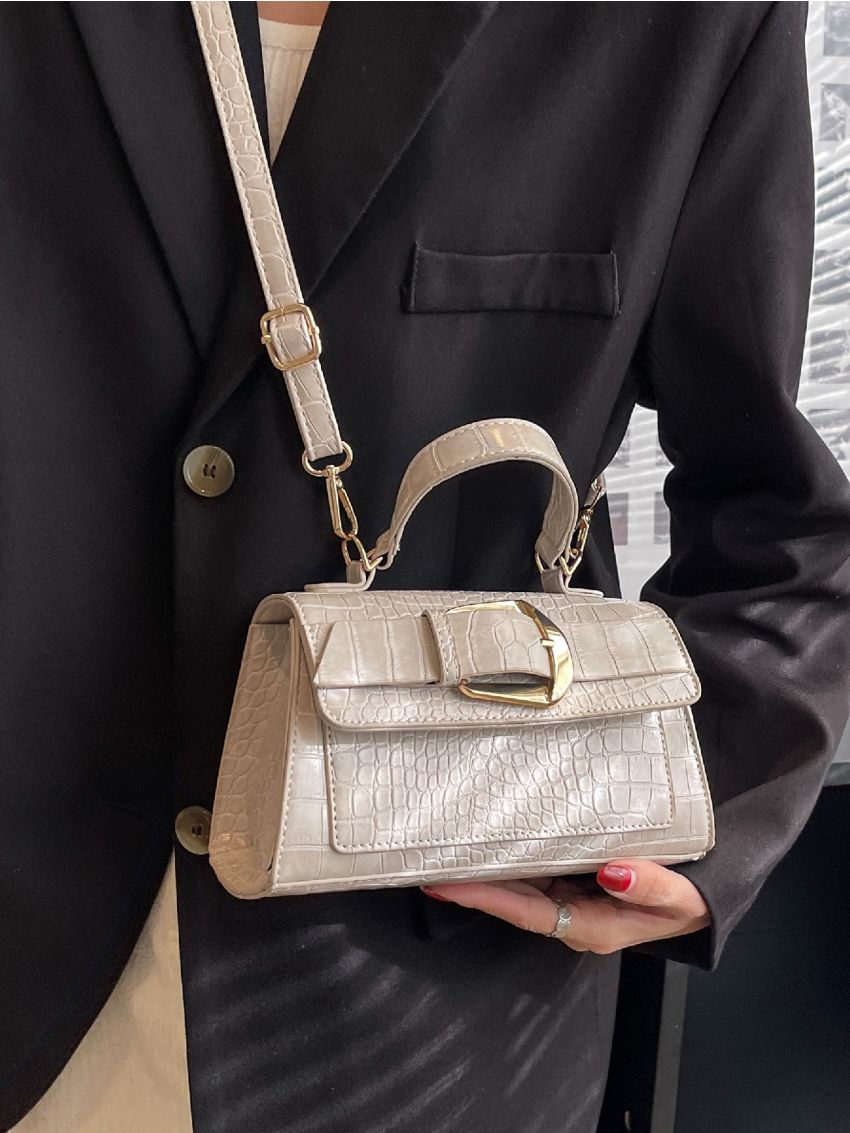 Crocodile Embossed Buckle Decor Flap Square Bag