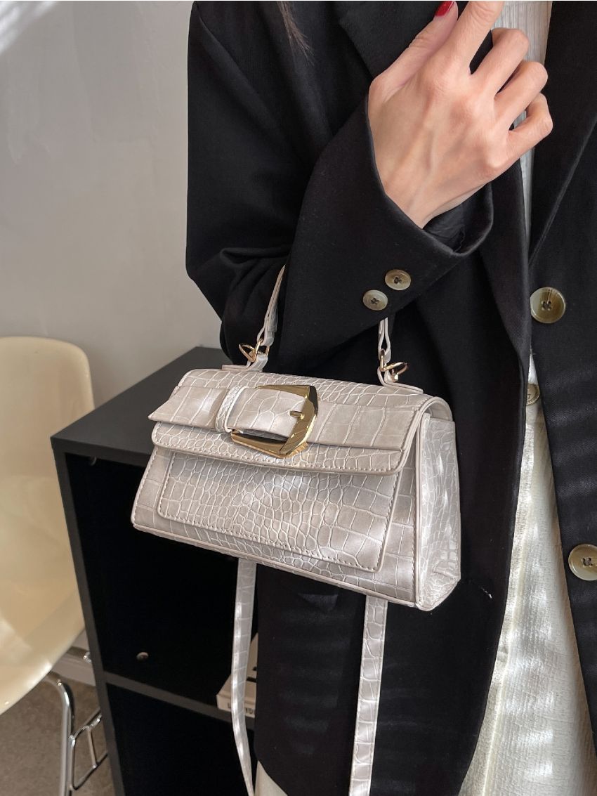 Crocodile Embossed Buckle Decor Flap Square Bag