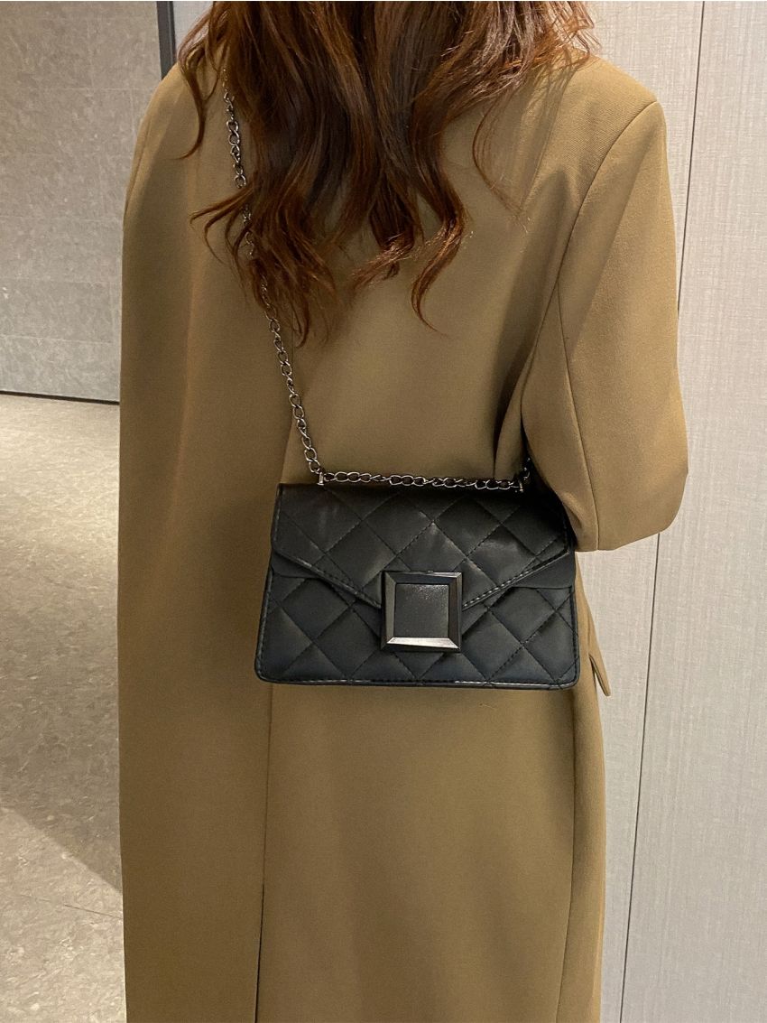 Quilted Detail Metal Decor Chain Flap Square Bag
