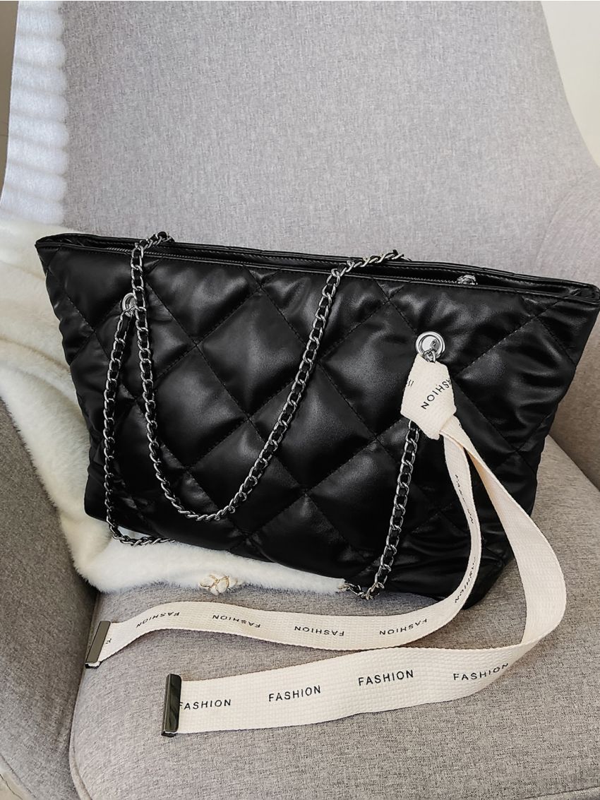 Quilted Detail Twilly Scarf Decor Chain Shoulder Tote Bag