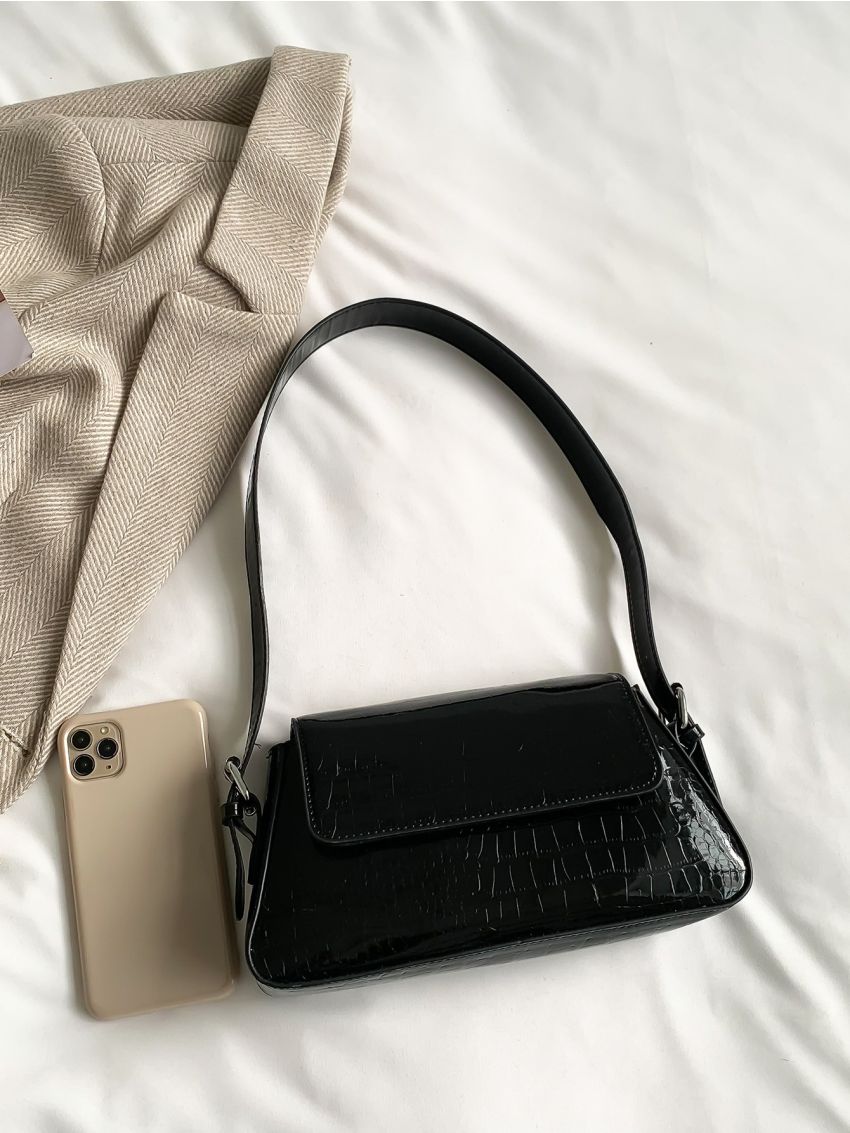 Geometric Embossed Flap Baguette Bag