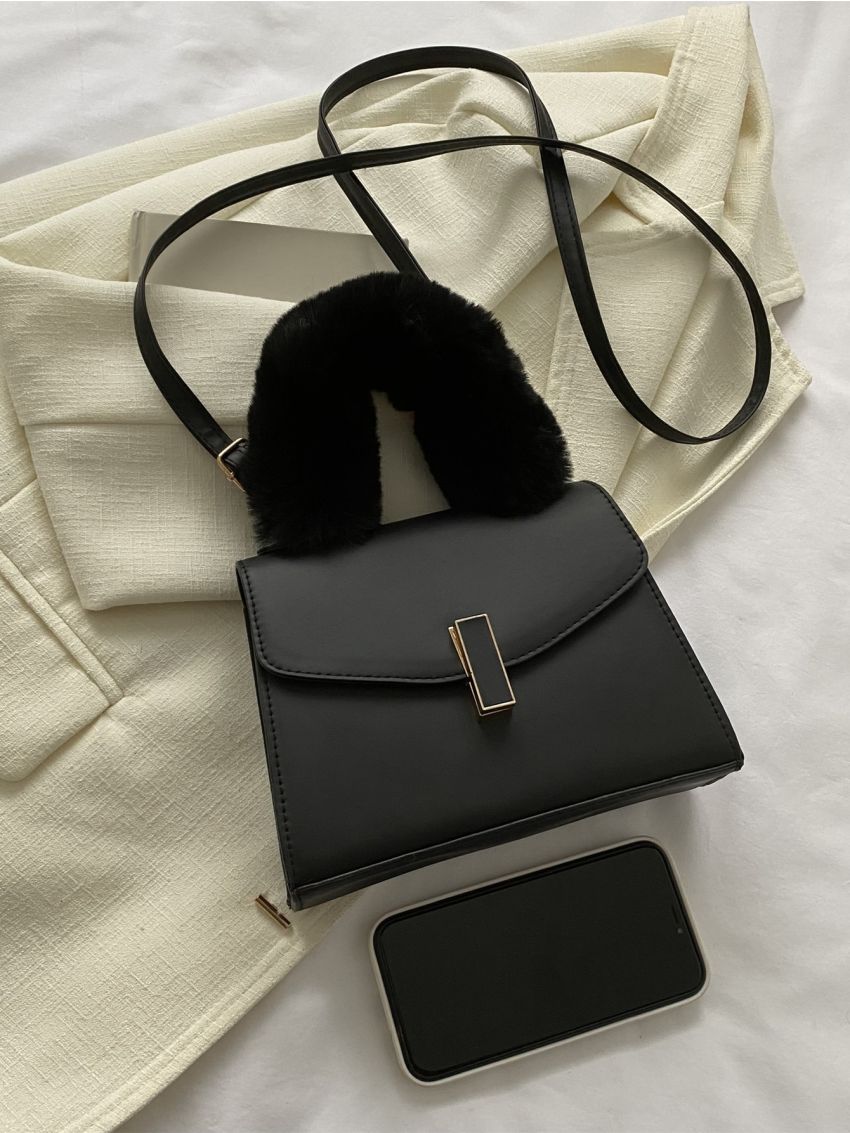 Fluffy Handle Flap Square Bag