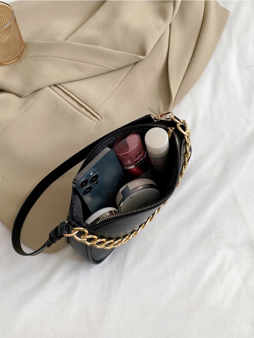 Chain Decor Zipper Baguette Bag