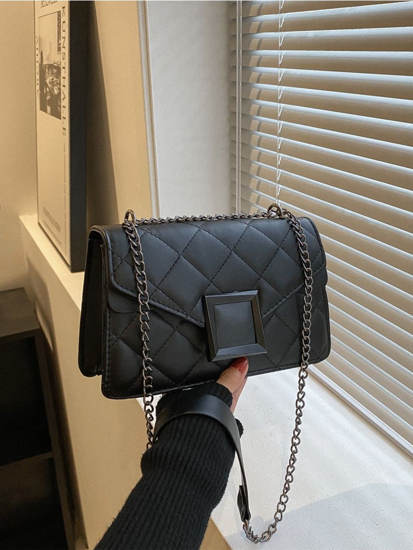 Quilted Detail Metal Decor Chain Flap Square Bag
