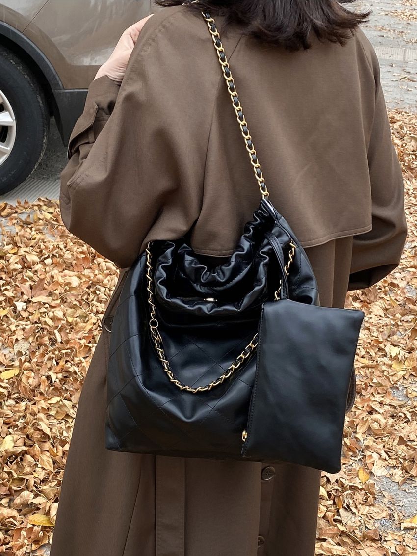 Stitch Detail Chain Shoulder Tote Bag With Coin Purse