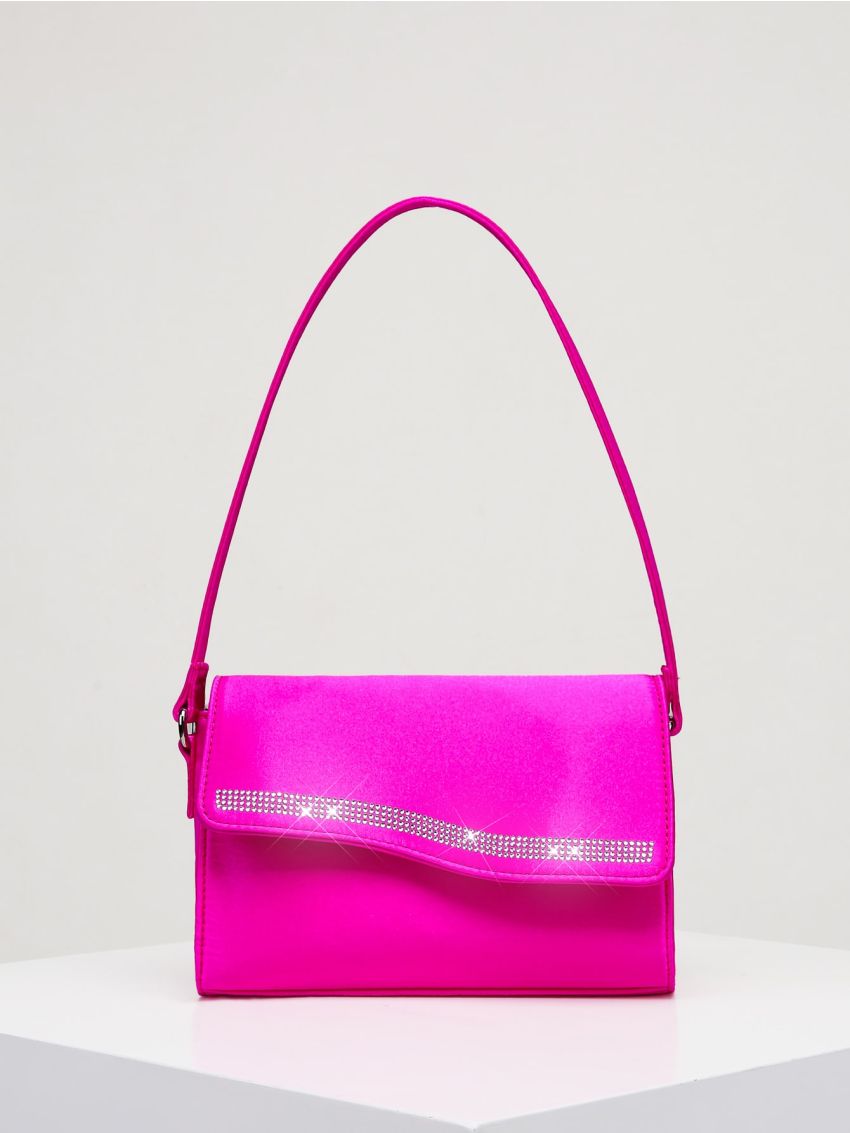 Mini Neon Pink Rhinestone Decor Satin Flap Square Bag