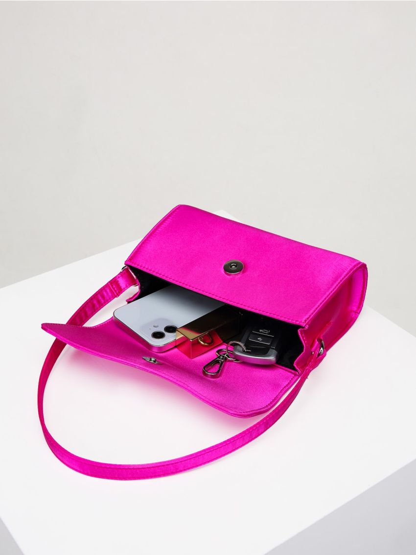 Mini Neon Pink Rhinestone Decor Satin Flap Square Bag