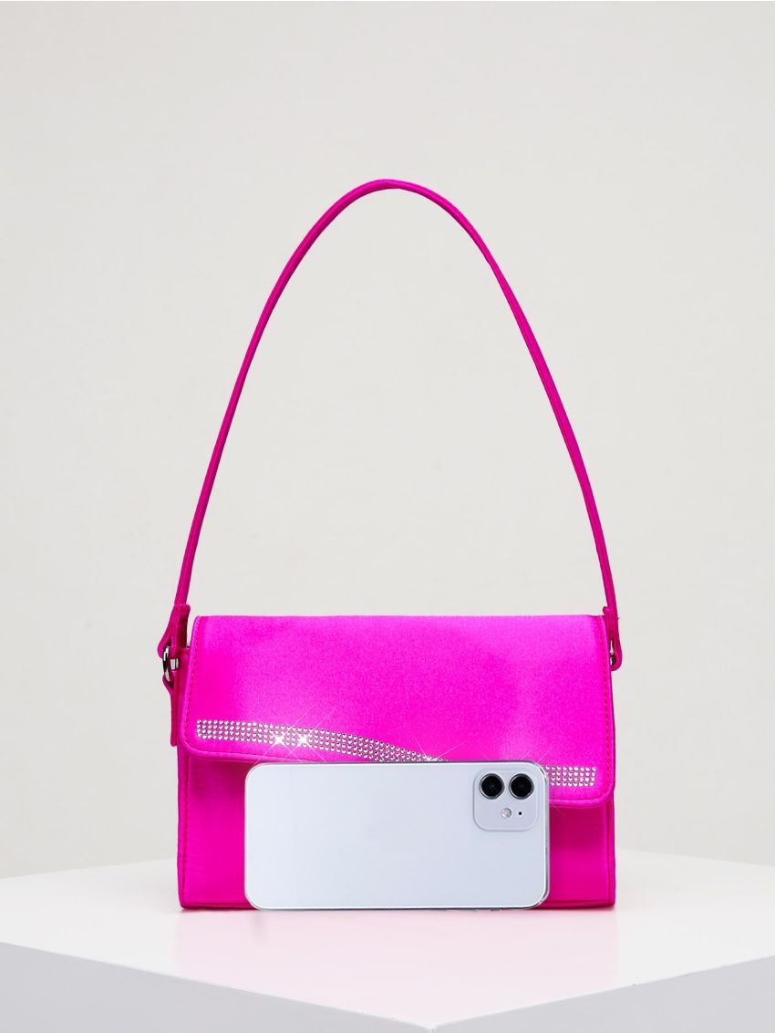 Mini Neon Pink Rhinestone Decor Satin Flap Square Bag