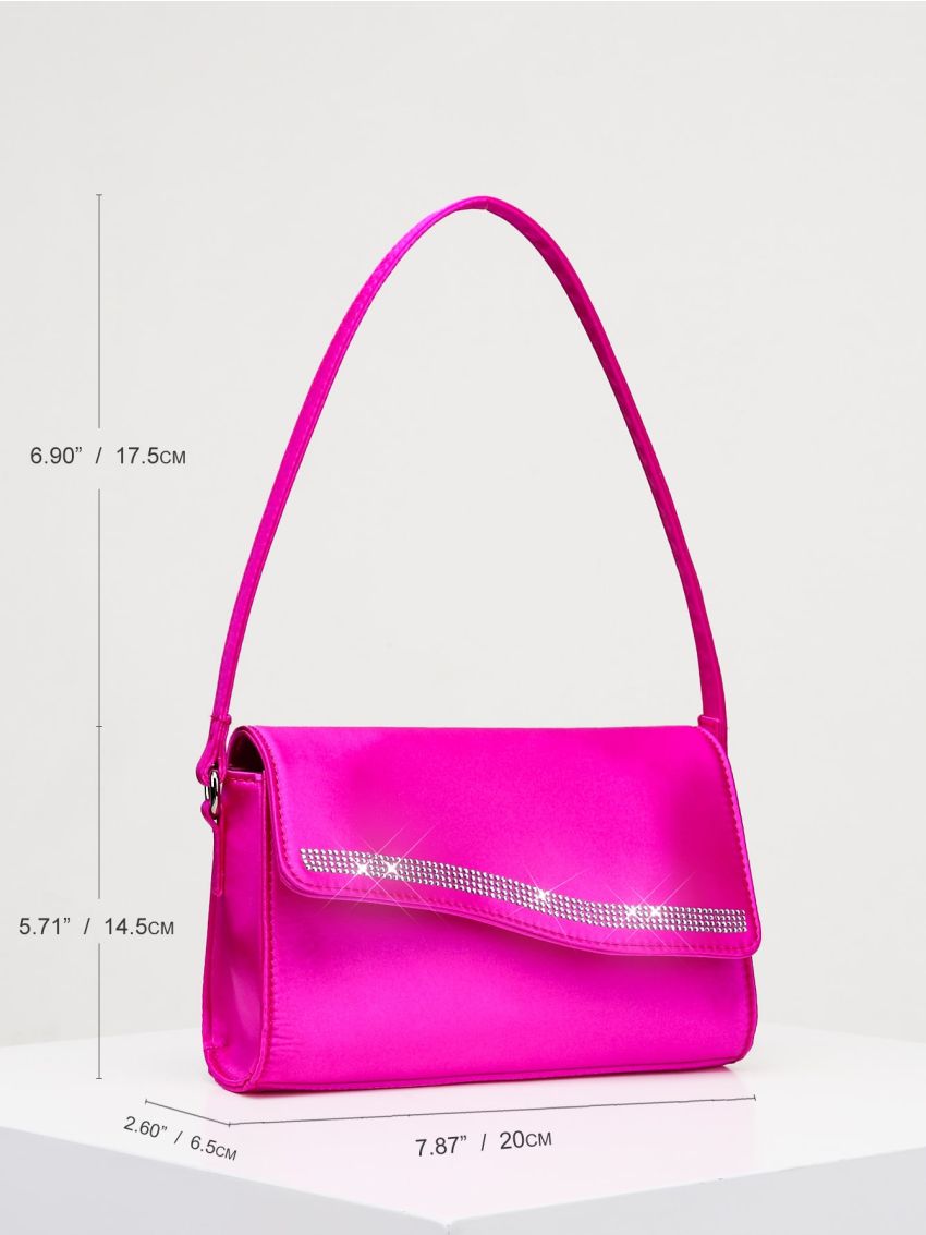 Mini Neon Pink Rhinestone Decor Satin Flap Square Bag