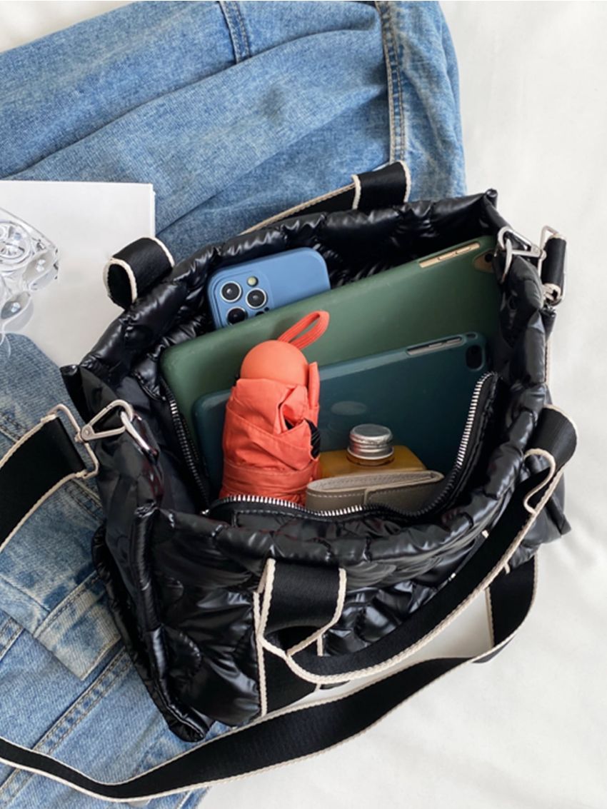 Quilted Detail Contrast Tape Top Handle Bag