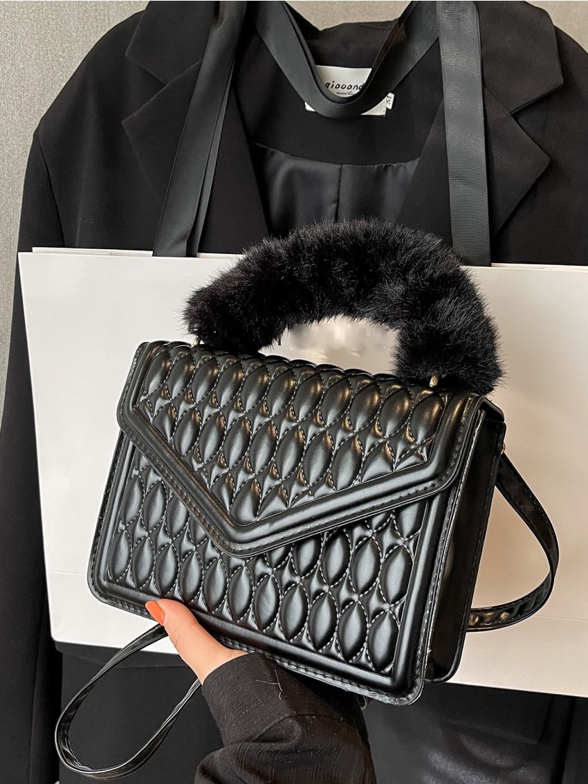 Fuzzy Detail Quilted Flap Square Bag