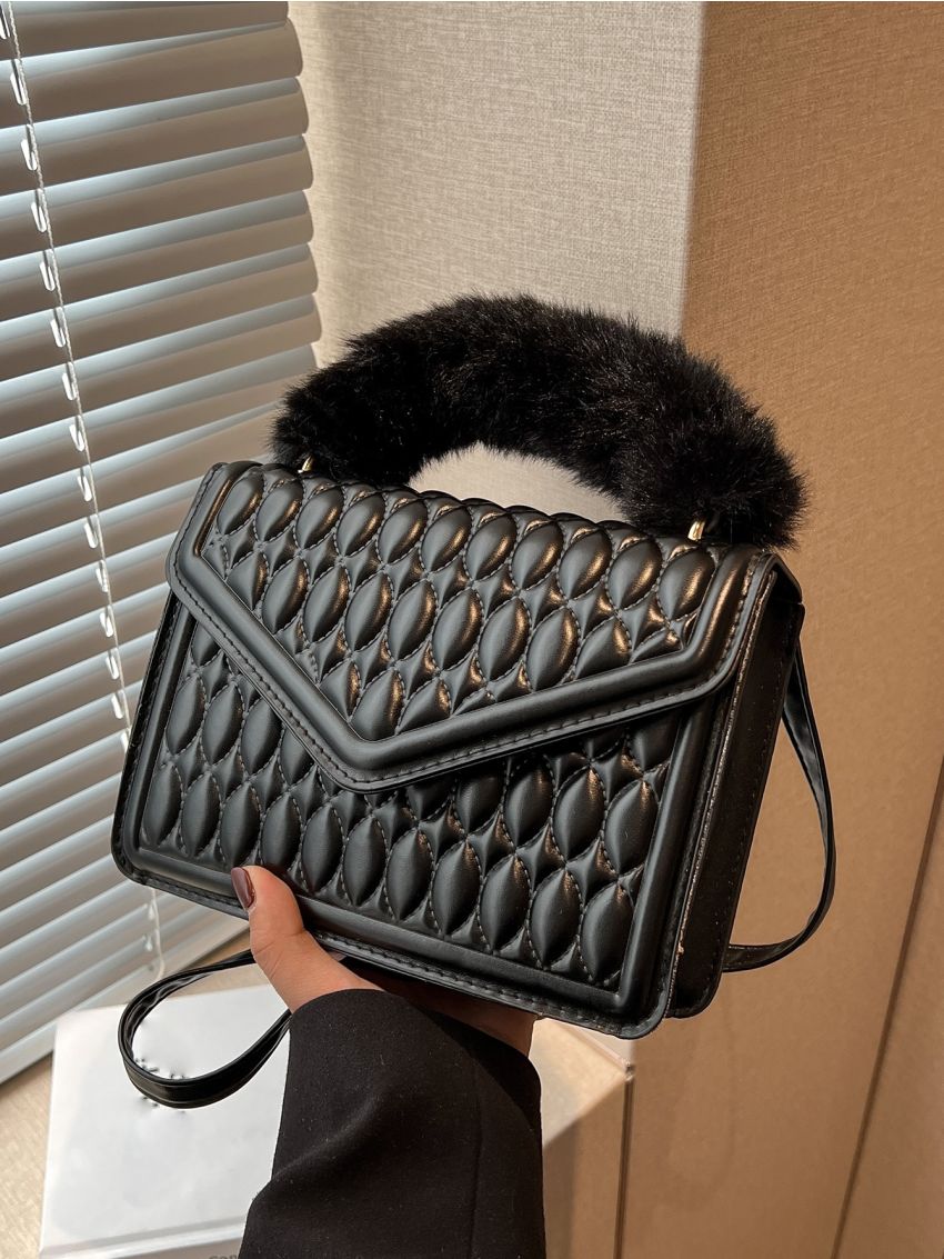 Fuzzy Detail Quilted Flap Square Bag