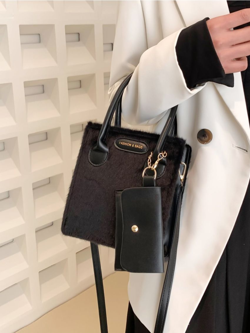 Mini Letter Patch Decor Fuzzy Square Bag With Coin Purse