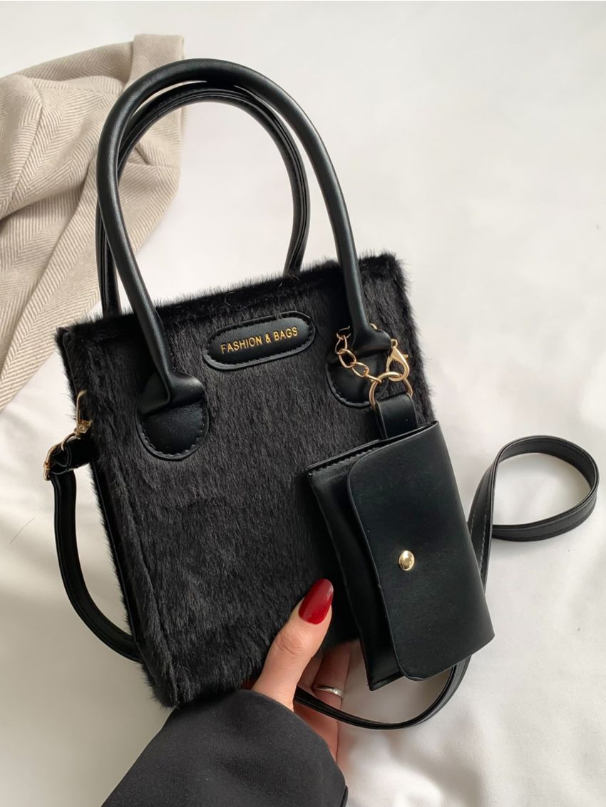 Mini Letter Patch Decor Fuzzy Square Bag With Coin Purse