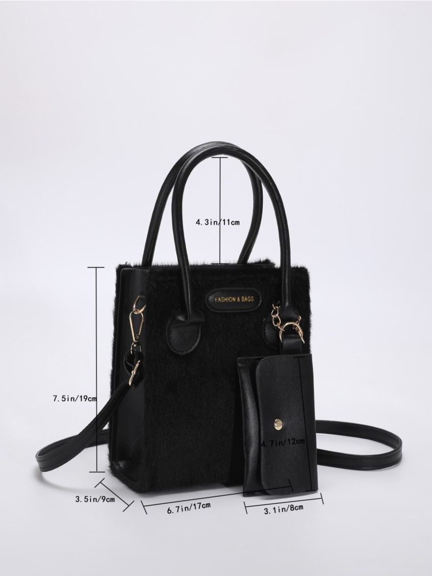 Mini Letter Patch Decor Fuzzy Square Bag With Coin Purse