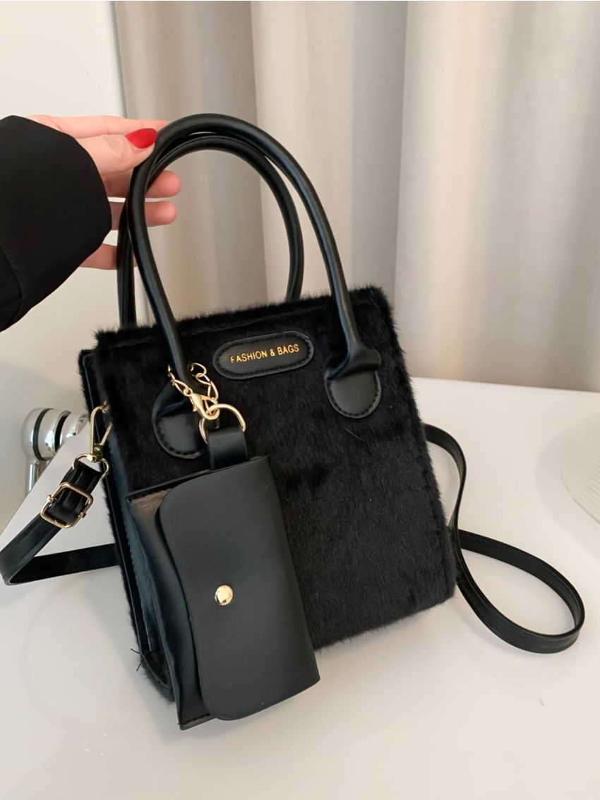 Mini Letter Patch Decor Fuzzy Square Bag With Coin Purse