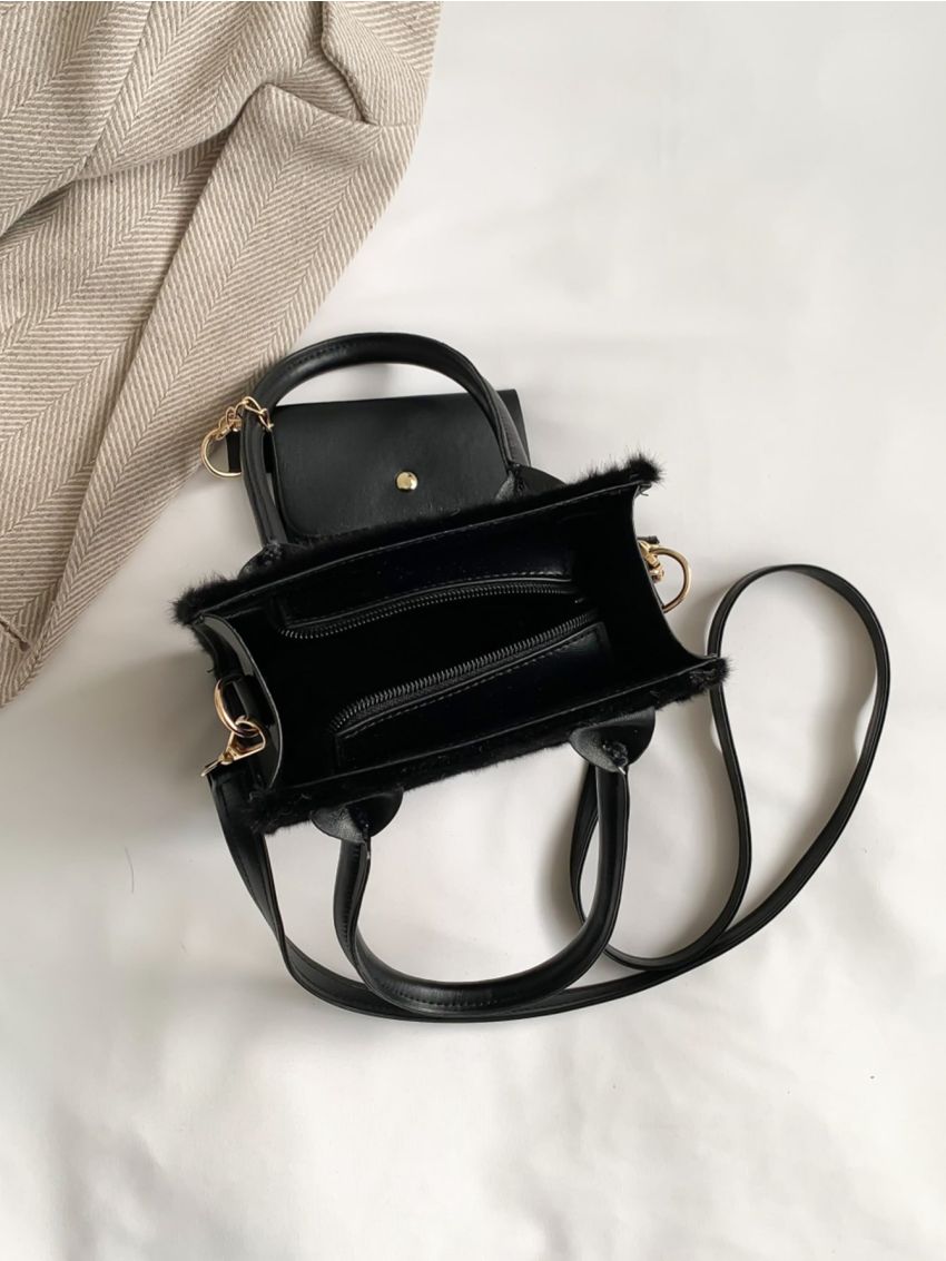 Mini Letter Patch Decor Fuzzy Square Bag With Coin Purse