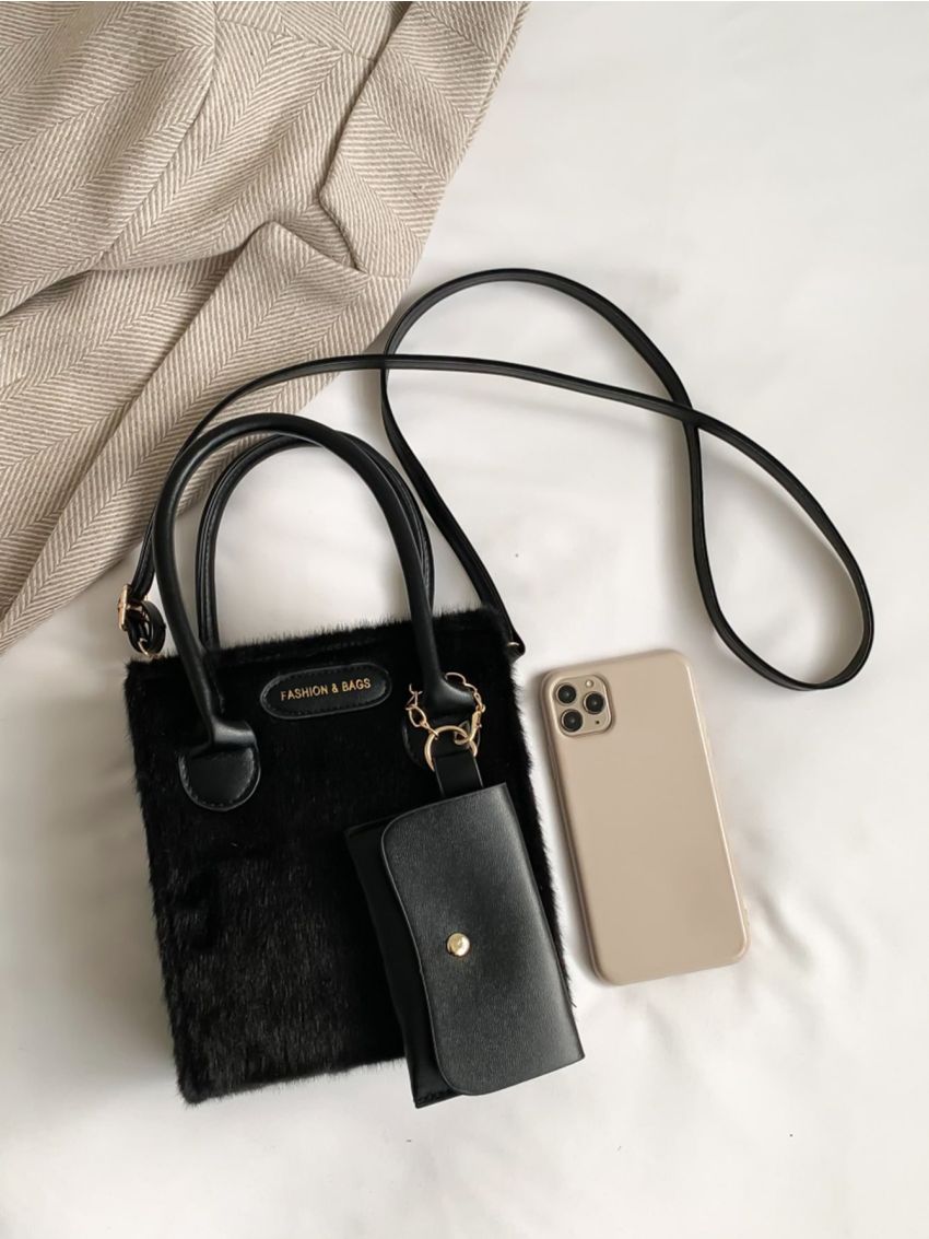 Mini Letter Patch Decor Fuzzy Square Bag With Coin Purse