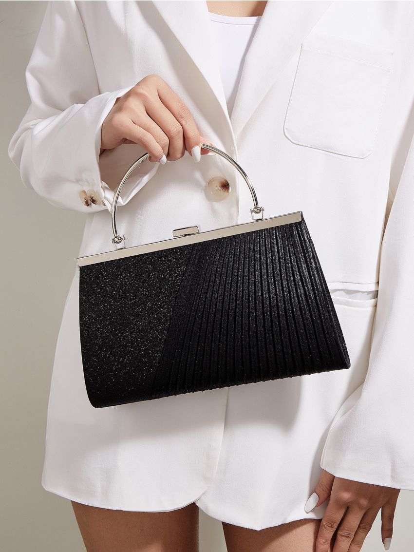 Glitter Pleated Detail Square Bag, Perfect Bride Purse For Wedding, Prom & Party Events