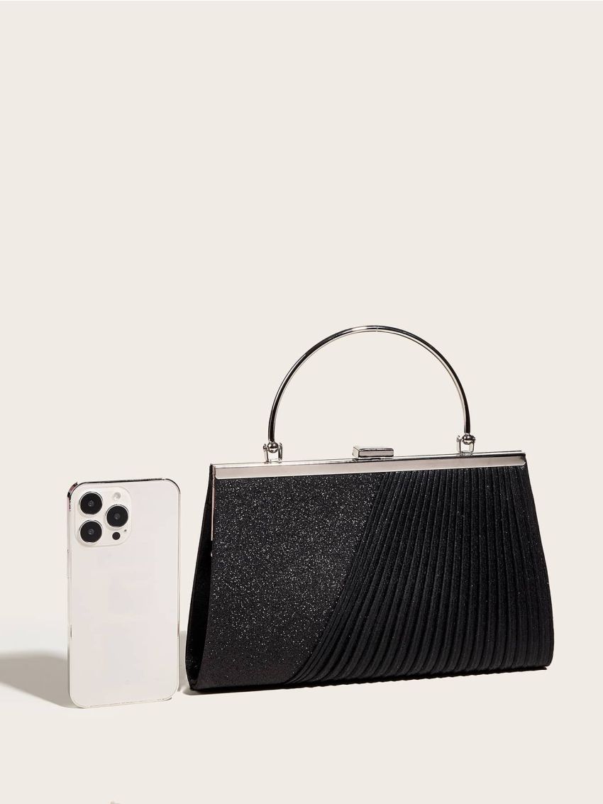 Glitter Pleated Detail Square Bag, Perfect Bride Purse For Wedding, Prom & Party Events