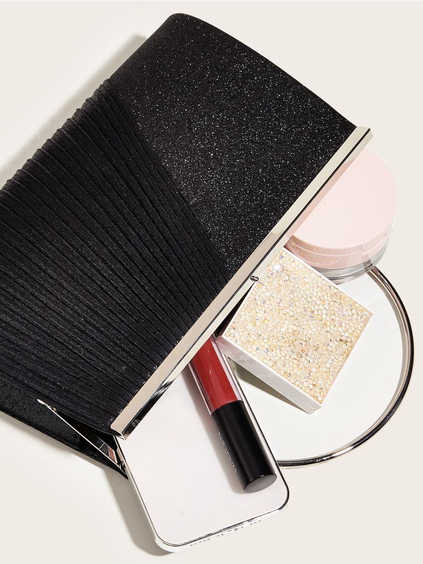 Glitter Pleated Detail Square Bag, Perfect Bride Purse For Wedding, Prom & Party Events