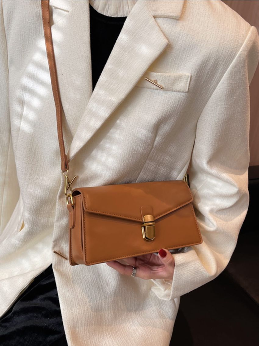 Metal Decor Flap Baguette Bag