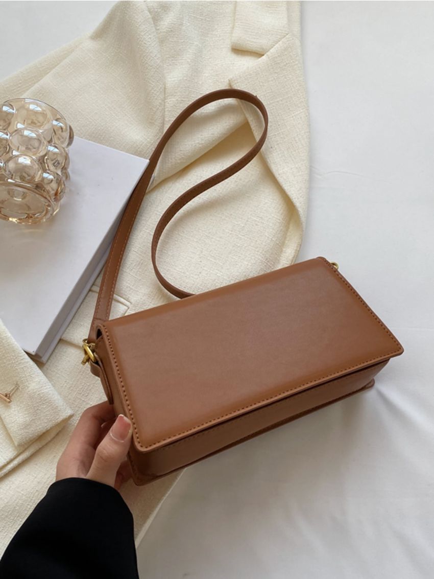 Metal Decor Flap Baguette Bag