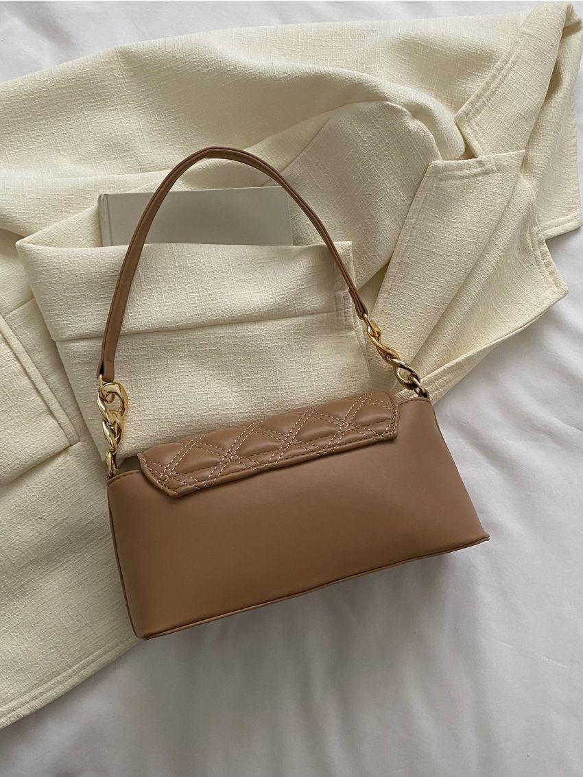 Quilted Detail Flap Baguette Bag