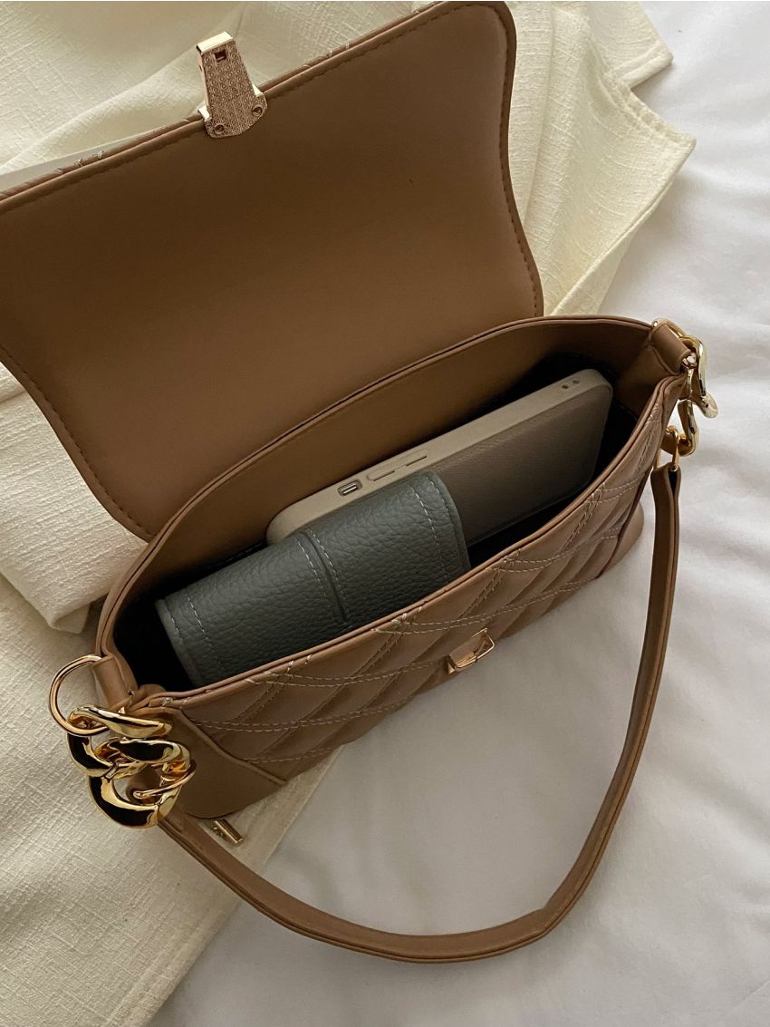 Quilted Detail Flap Baguette Bag