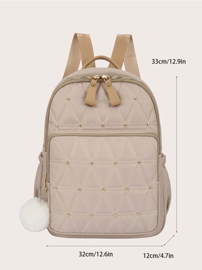 Studded Decor Quilted Backpack, Fashion Nylon Bookbag, Women's Daypack With Pompom Decor Quilted Studded Decor Functional Backpack With Bag Charm
