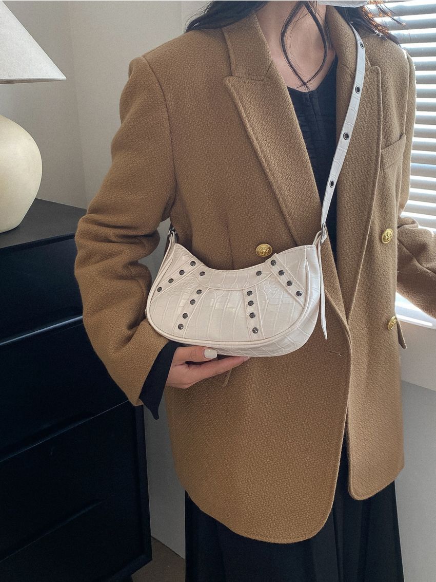 Crocodile Embossed Studded Decor Hobo Bag