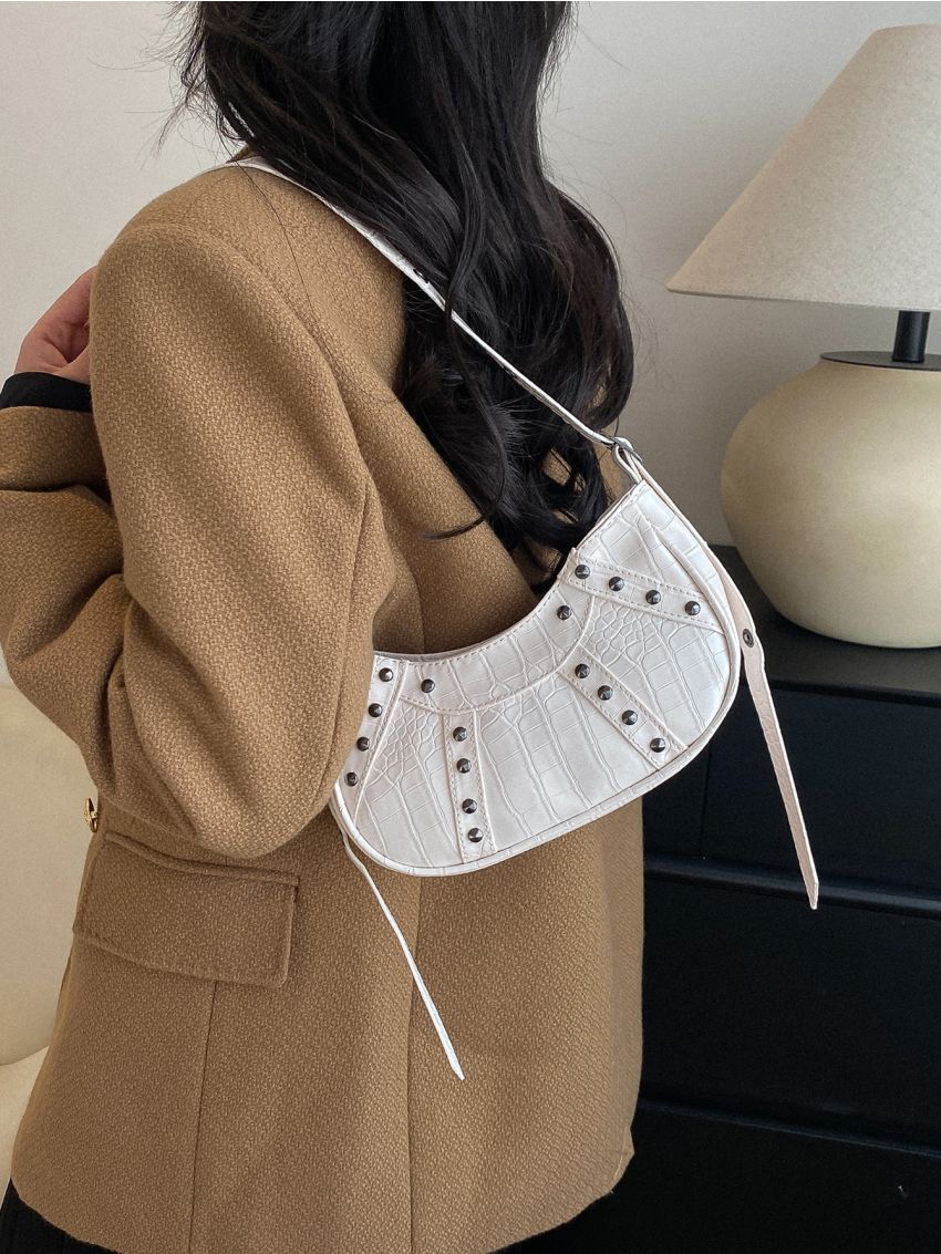 Crocodile Embossed Studded Decor Hobo Bag