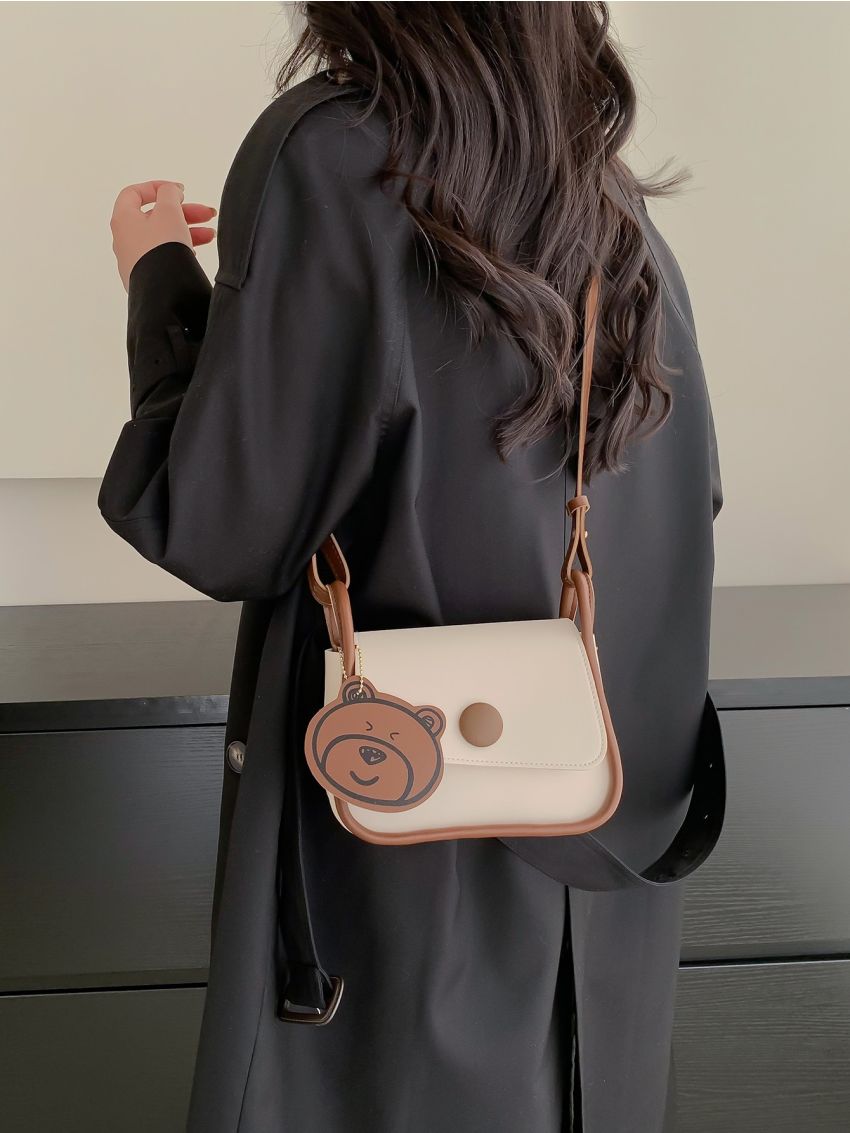 Contrast Binding Flap Square Bag With Bag Charm