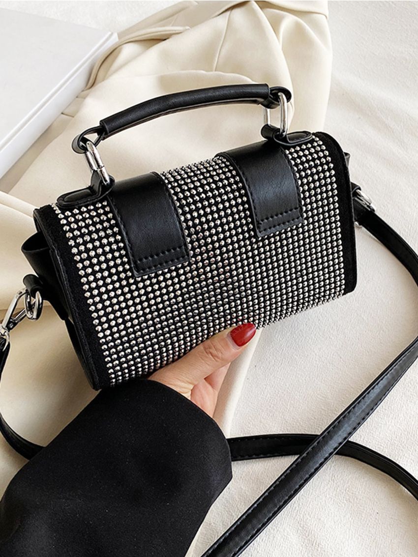 Studded Decor Twist Lock Flap Square Bag