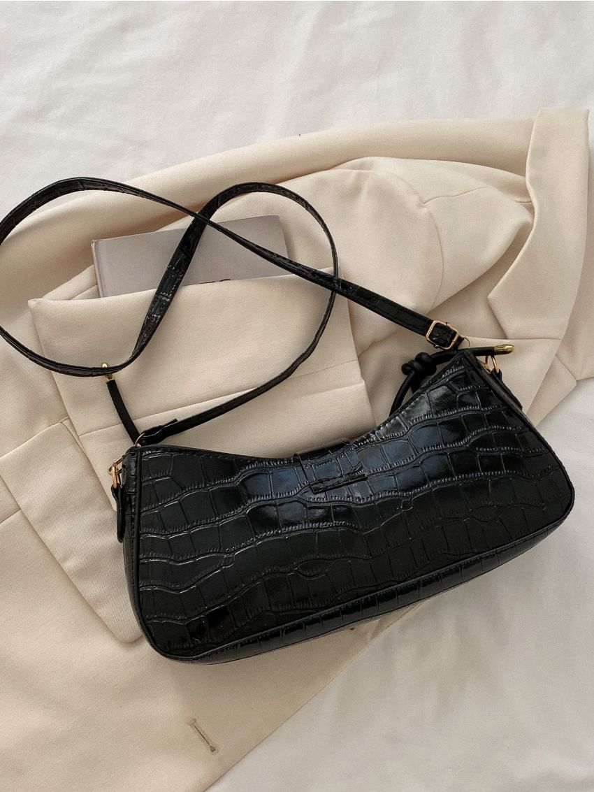 Crocodile Embossed Buckle Decor Baguette Bag