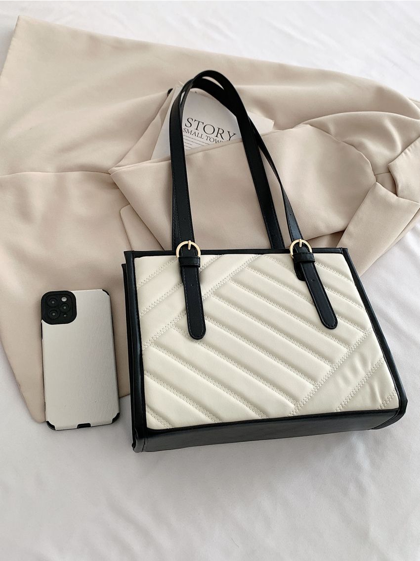 Colorblock Quilted Pattern Buckle Decor Square Bag