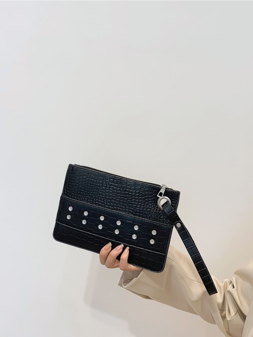 Crocodile Embossed Rhinestone Decor Square Bag