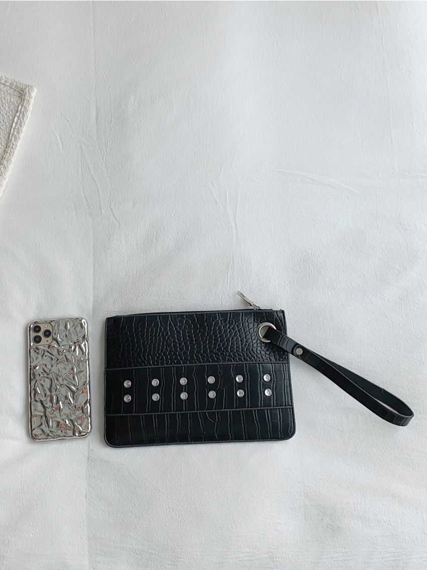 Crocodile Embossed Rhinestone Decor Square Bag