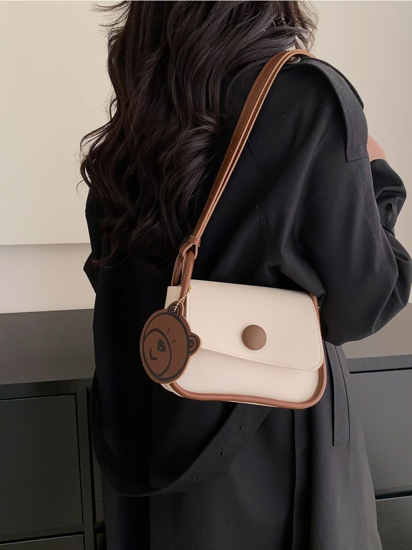 Contrast Binding Flap Square Bag With Bag Charm