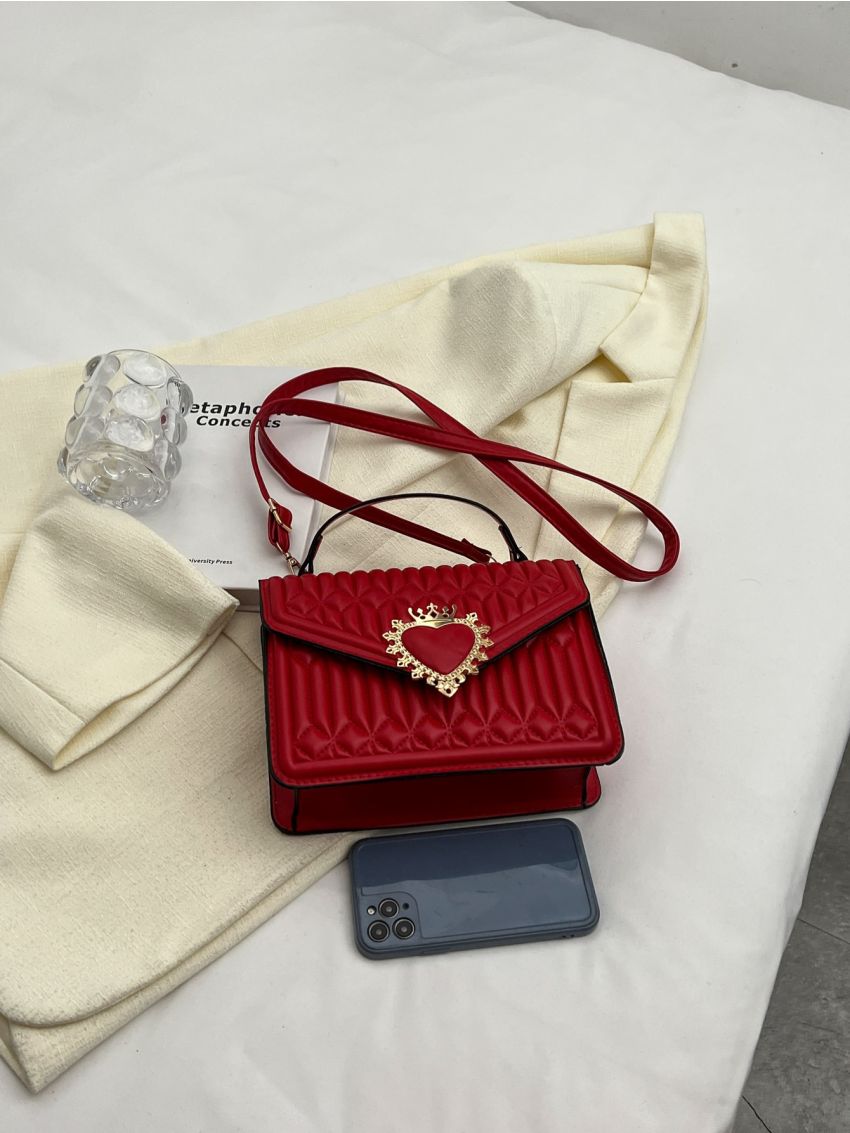Quilted Crown & Heart Decor Flap Square Bag