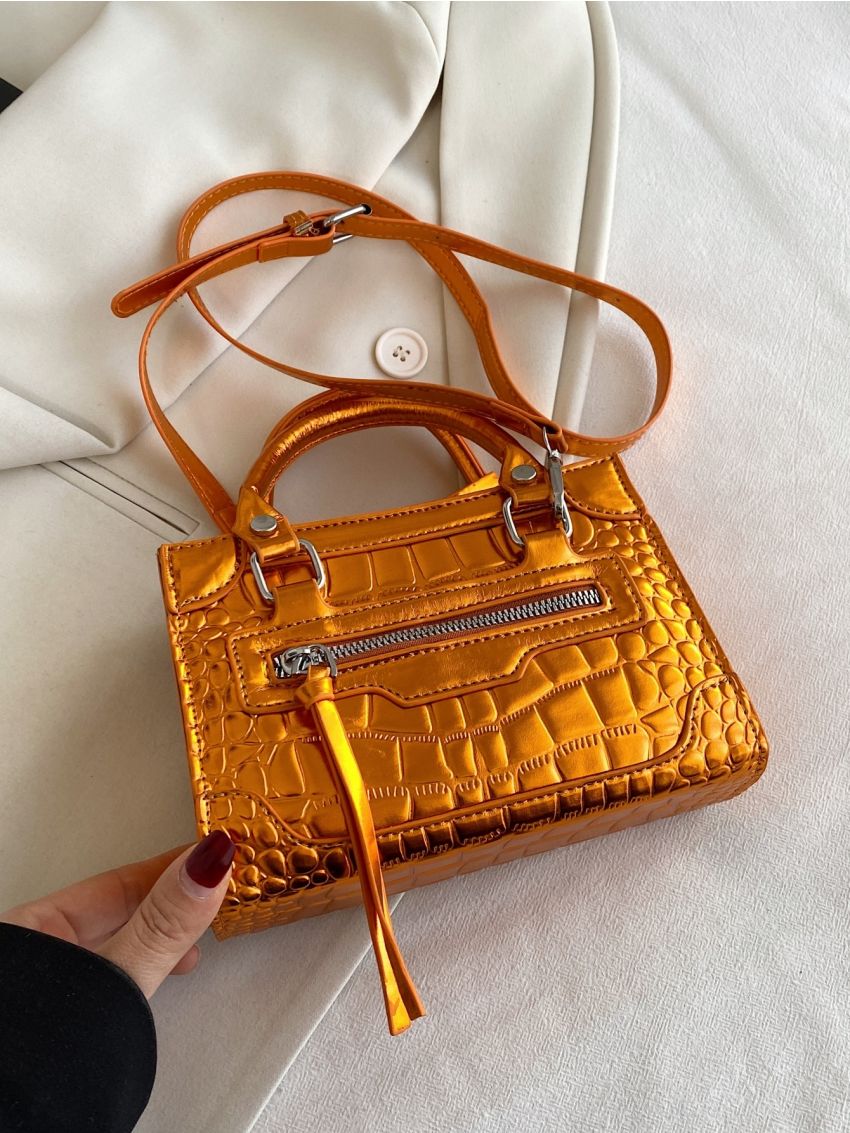 Mini Metallic Crocodile Embossed Square Bag