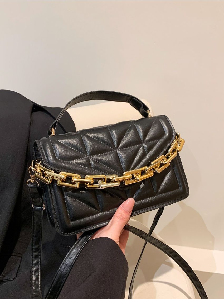 Quilted Chain Flap Square Bag