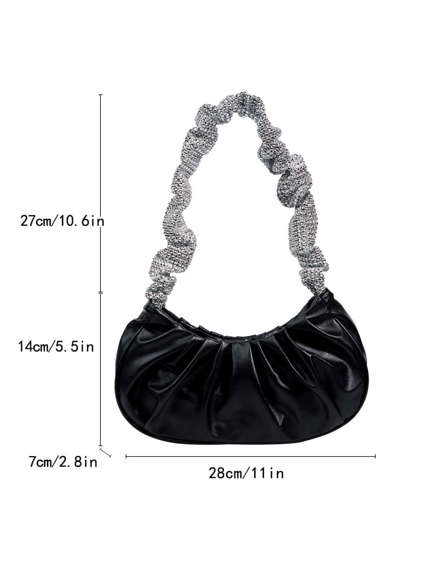 Rhinestone Decor Ruched Bag PU Black