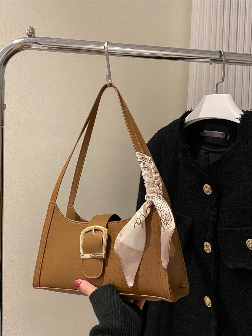 Random Crocodile Embossed Buckle & Twilly Scarf Decor Baguette Bag