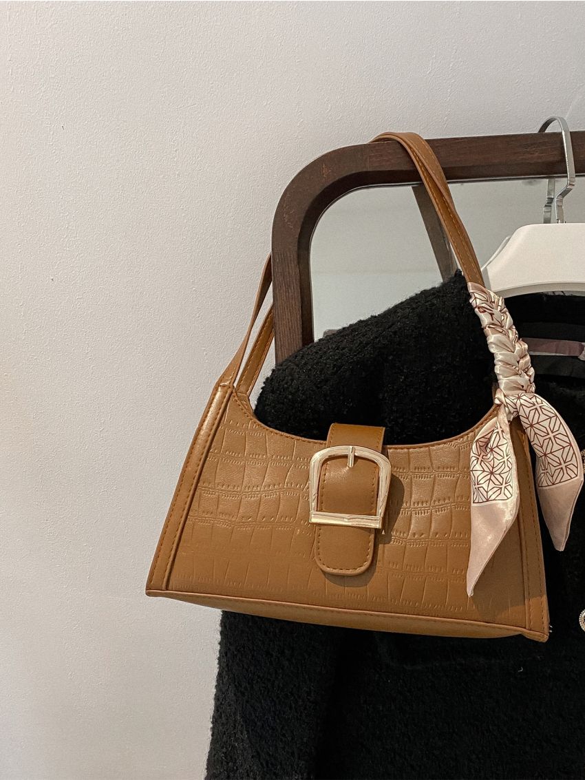 Random Crocodile Embossed Buckle & Twilly Scarf Decor Baguette Bag