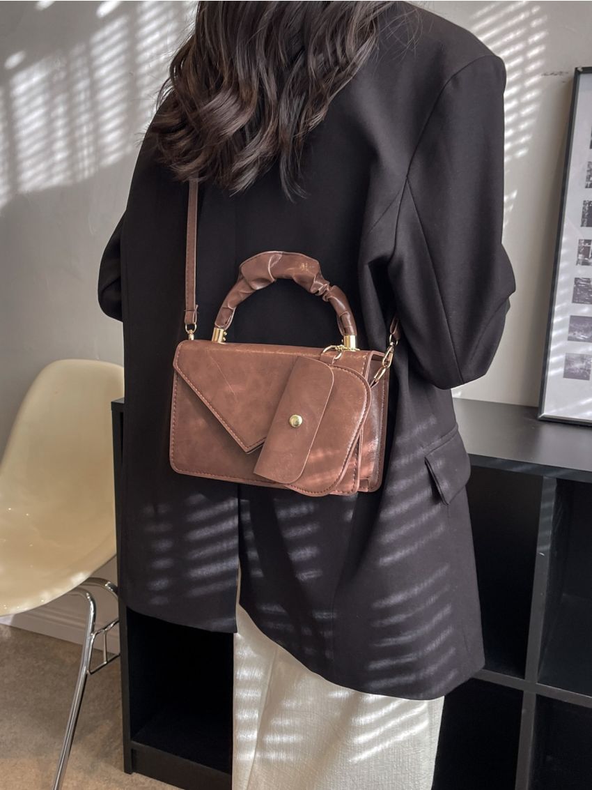 Ruched Detail Flap Square Bag With Small Pouch