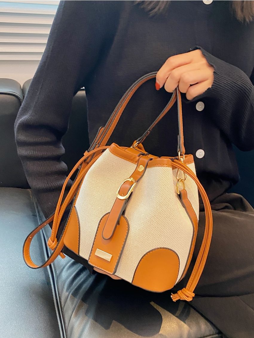 Mini Buckle Decor Drawstring Design Bucket Bag