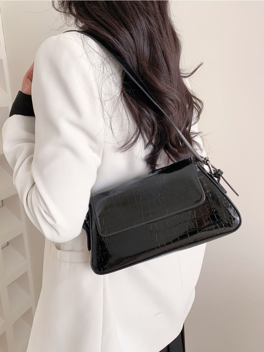 Geometric Embossed Flap Baguette Bag