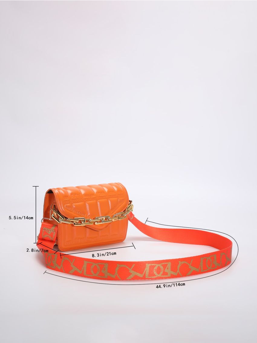 Neon Orange Crocodile Embossed Chain Square Bag