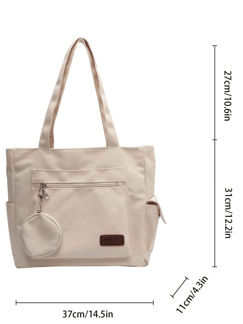 Letter Patch Multi-compartment Shoulder Tote Bag With Purse